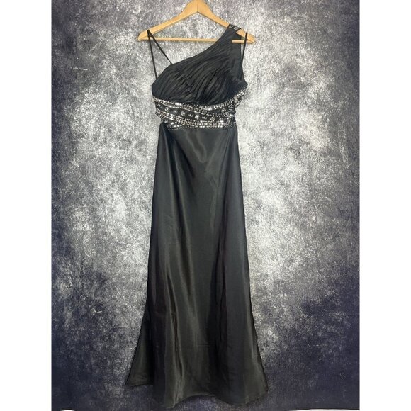 Mxi Dress Women 7 / 8 Black Beaded Asymmetrical Satin Gatsby Formal Regency Lux - Picture 1 of 12